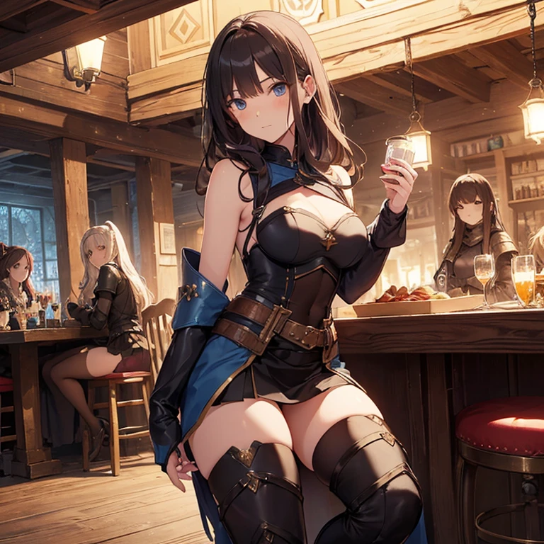 A group of female medieval fantasy adventurers, (in tavern), various hair styles, harem, night, details face, short skirt, seducing, sleeveless, armor