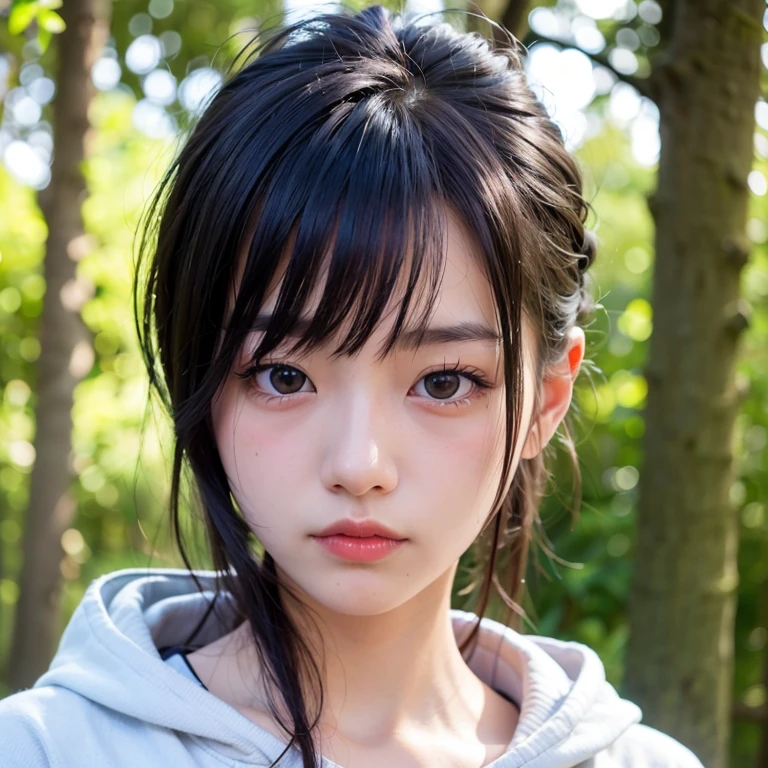 Super realistic, hdr, 4k, detailed, Japanese girl, glow skin, sad face, Mole in Cheek, mole in Eyebrow, forest, black Hoodie, detailed face, Eyes to the camera