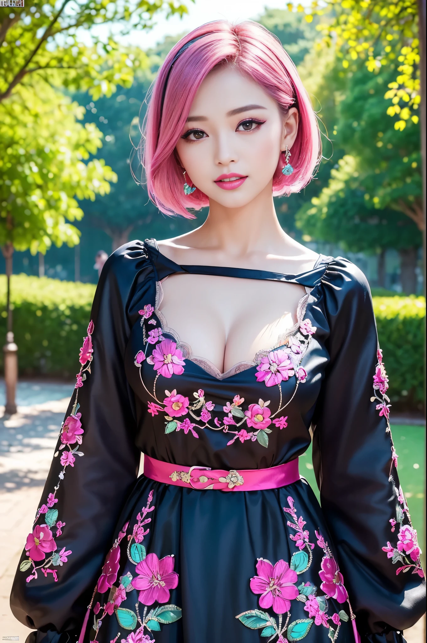 (masterpiece:1.4), (best quality:1.4), ultra high res, ultra high resolution, ((detailed facial features)), HDR, (realistic, photorealistic, photo-realistic:1.37), full body Esbian, sexy Indonesian model, (-anime), only 1 model, vivid colors, ((vivid colors multicolor (fuchsia, pink, light blue, purple) very short hair)), (happy smile), lip-gloss, long lashes, ultra detailed metallic makeup, defined eyebrows, wearing a red silk Paradise Kiss cosplay dress with black floral embroidery, ((vivid colors outfit)), vivid colors, look at the camera, cinematic light, large park background with trees, sweet and sexy pose