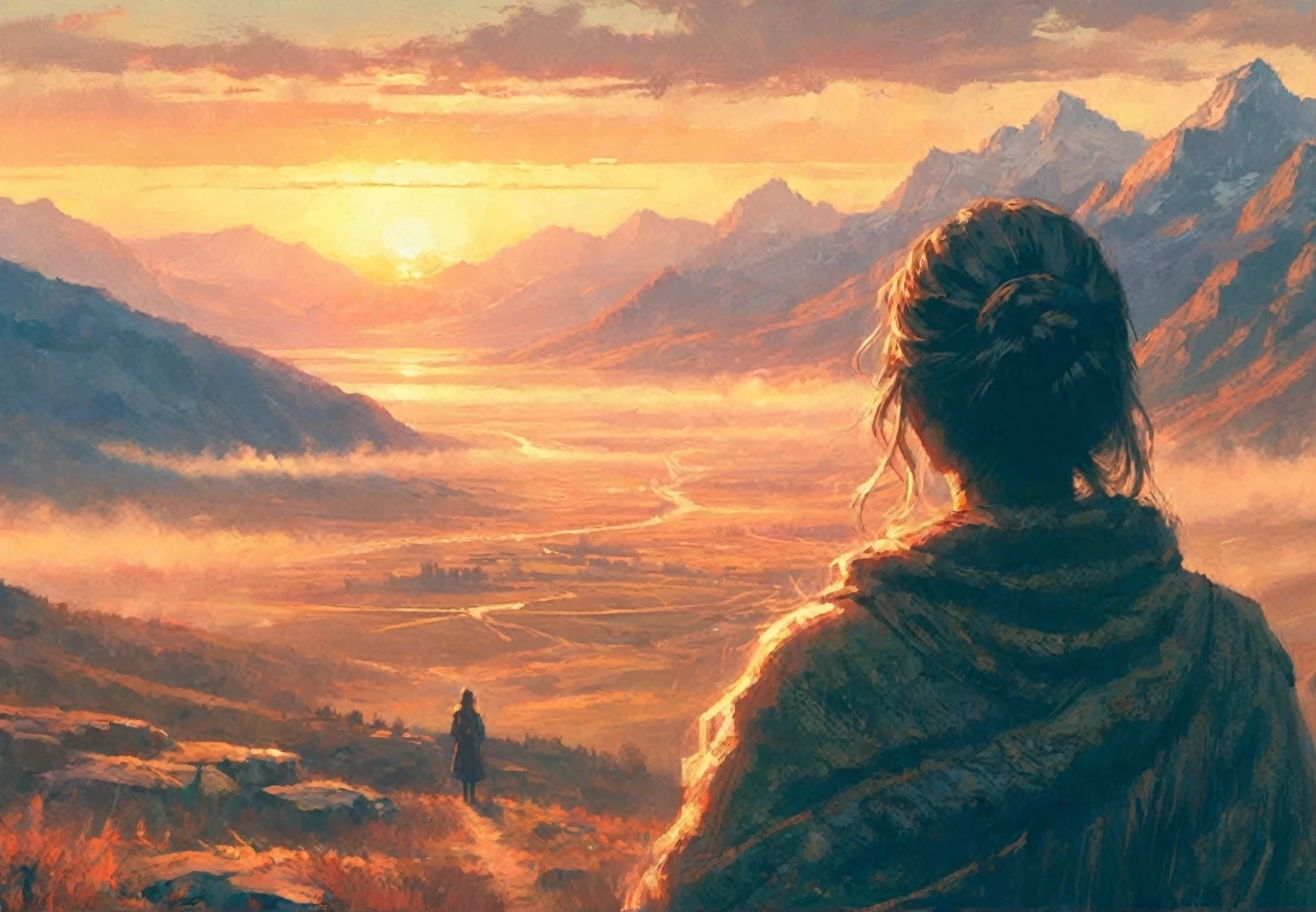 painting of a woman looking out over a valley at sunset, by Alena Aenami, art of alena aenami, inspired by Alena Aenami, rob rey, concept art artwork masterpiece, by Andreas Rocha, painted by andreas rocha, artistic. alena aenami, by Jason Felix, 8k stunning artwork, artgem and beeple masterpiece