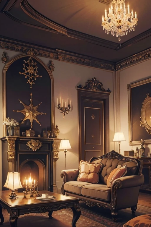 Interior, victorian Manor with reliquies, (((Nigth))), (((moonligth enters the living room))) soft pale orange palette, soft violet secundary exterior ligth