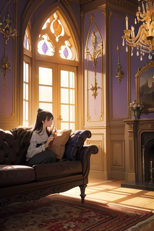 Interior, victorian Manor with reliquies, (((Nigth))), (((moonligth enters the living room))) soft pale orange palette, soft violet secundary exterior ligth 