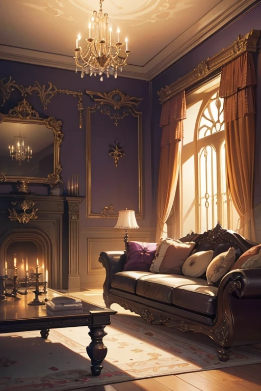 Interior, victorian Manor with reliquies, (((Nigth))), (((moonligth enters the living room))) soft pale orange palette, soft violet secundary exterior ligth