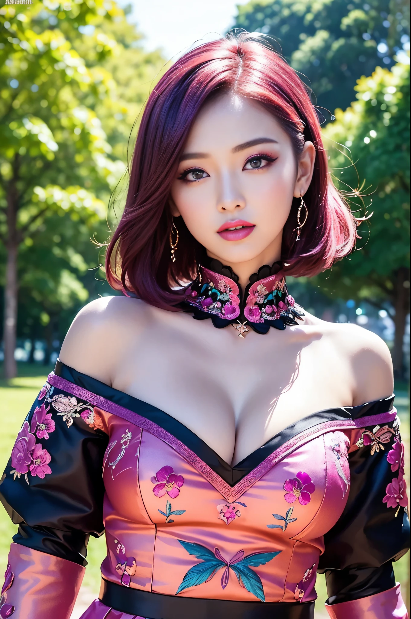 (masterpiece:1.4), (best quality:1.4), ultra high res, ultra high resolution, ((detailed facial features)), HDR, (realistic, photorealistic, photo-realistic:1.37), full body Esbian, sexy Indonesian model, (-anime), only 1 model, vivid colors, ((vivid colors multicolor (fuchsia, pink, light blue, purple) very short hair)), (happy smile), lip-gloss, long lashes, ultra detailed metallic makeup, defined eyebrows, wearing a red silk Paradise Kiss cosplay dress with black floral embroidery, ((vivid colors outfit)), vivid colors, look at the camera, cinematic light, large park background with trees, sweet and sexy pose