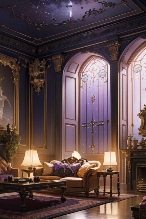 Interior, victorian Manor with reliquies, (((Nigth))), (((moonligth enters the living room))) soft pale orange palette, soft violet secundary exterior ligth 