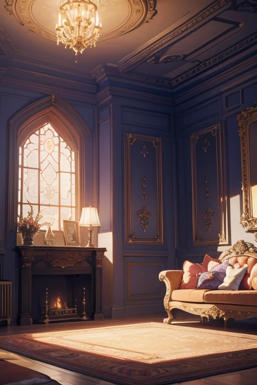Interior, victorian Manor with reliquies, (((Nigth))), (((moonligth enters the living room))) soft pale orange palette, soft violet secundary exterior ligth