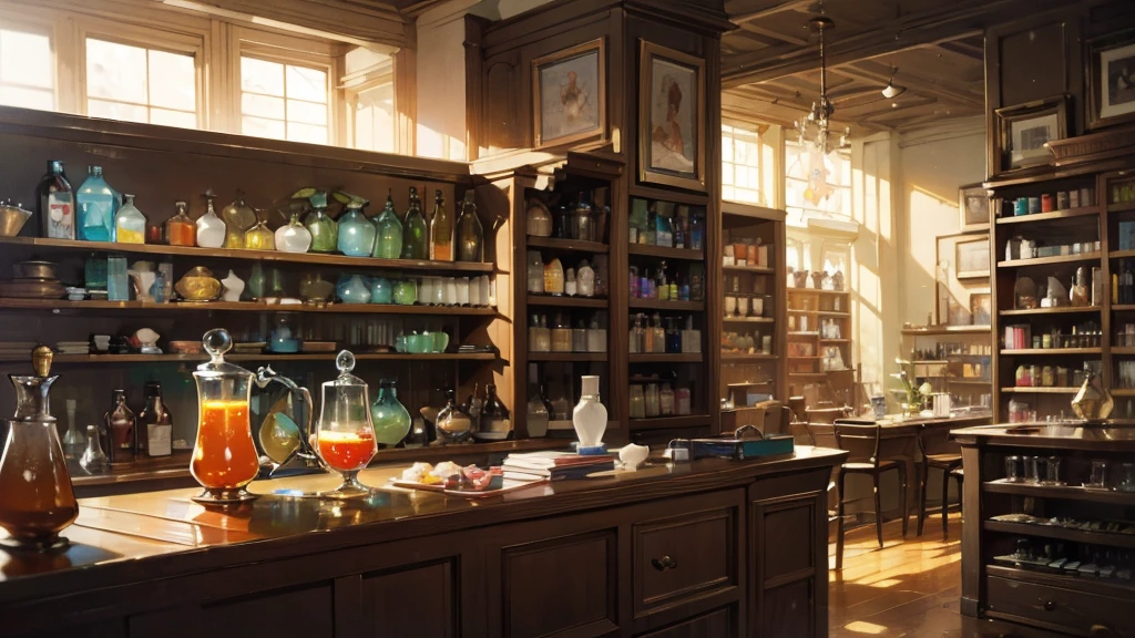 1 shelf of creative drinks, bottles of fantasy drinks and potions, front view of shelf, bottles, masterpiece, clean lineart, clean anime outlines, best quality, high quality, high details, super detail, best quality, ultra-detailed, dynamic lighting, great lighting, bloom, super detailed, super fine, highres, colorful, masterpiece, HD, 4K, 8K Rich Detail, HD 8K