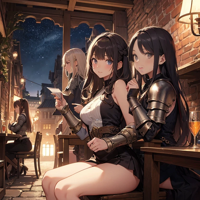 A group of  female medieval fantasy adventurers, (in tavern), various hair styles, harem, night, details face, short skirt, seducing, sleeveless, armor 