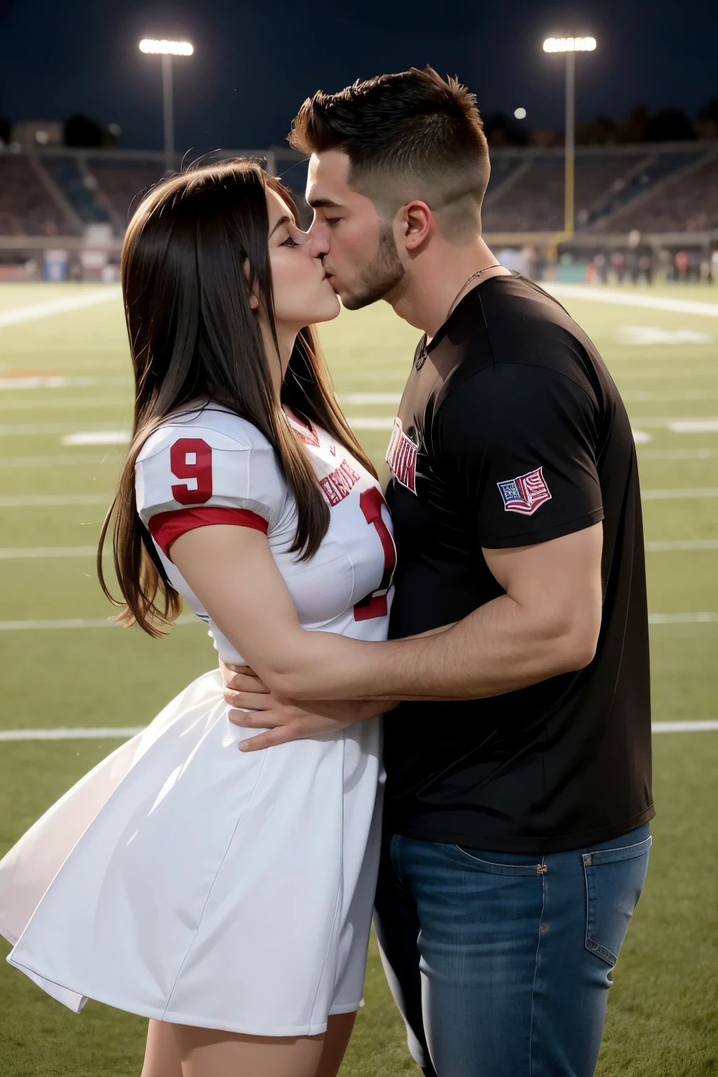 Beautiful completely naked barefoot pregnant young woman being cradle carried by a muscular handsome young football quarterback. Football player in uniform carrying woman off of the ground. Kissing. Woman being carried off of the ground. Woman completely naked pregnant. Man cradle carrying woman off of the ground. a football stadium.