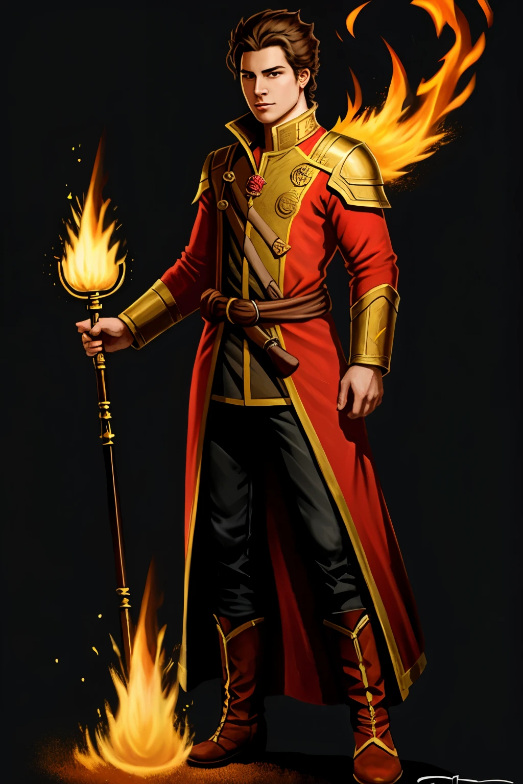 I require a character design in concept art, with fire characteristics