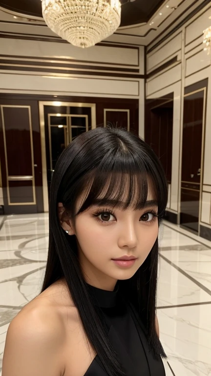 ,uma de uma mulher ela tem cabelo preto Com franja, Hime corte de cabelo preto, Ulzzang, coreano, com cabelo curto Com franja, com cabelo curto, dilraba dilmurat, garota gótica coreano cruel, penteado com corte hime branco, cabelo penteado como franja, Com franja, coreano symmetrical face,,,,,,,,,,,,,,,, - ,,,,,,,,,,,,,,,,,,,,,,,,,,,,,,,,,,,,,,,,,,,,,,,,,,,,,,dressed in a sleek cocktail dressrealistic image posing in the grand lobby of a five-star hotel, with marble floors, grand staircase, and exquisite floral arrangements."