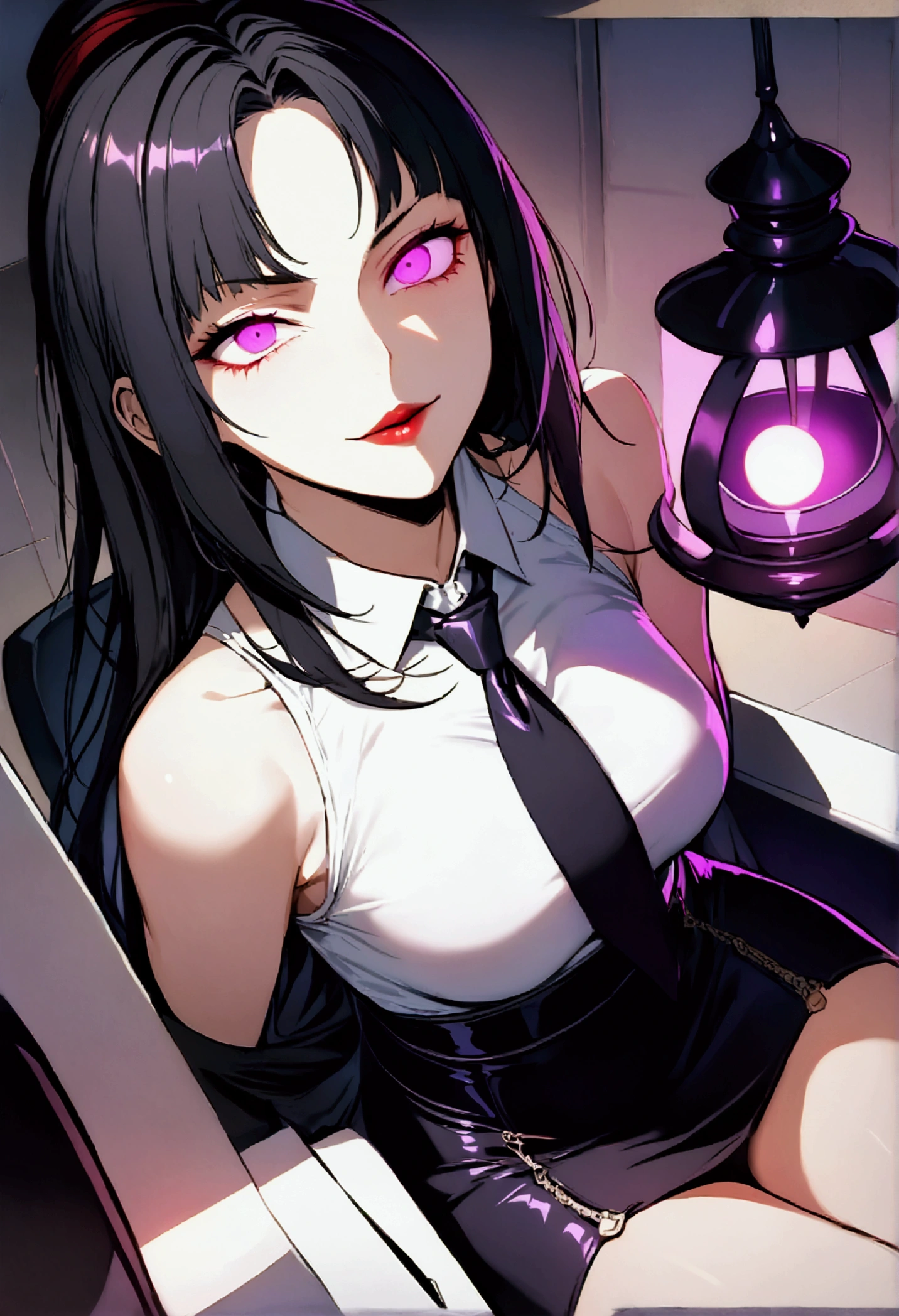 juri han, work of art, tight white secretary shirt with black tie, black high waist skirt, short skirt,stocking, black hair, black tightscary sun,office,bangs on the eyes,Lighting,horn of hair,view from above,staring overhead,evil smile,sitting,cross legs,glowing purple eyes,stocking black,evil look
