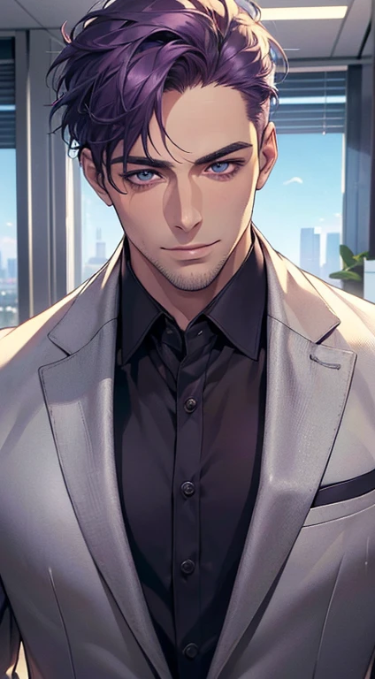 (best quality,4k,8k,highres,masterpiece:1.2),ultra-detailed,(realistic,photorealistic,photo-realistic:1.37),1 man,31 years old,mature man,very handsome,without expression,smile,short purple hair,blue eyes,penetrating gaze,perfect face without errors,imposing posture,businessman,office background,cinematic lighting,hdr image