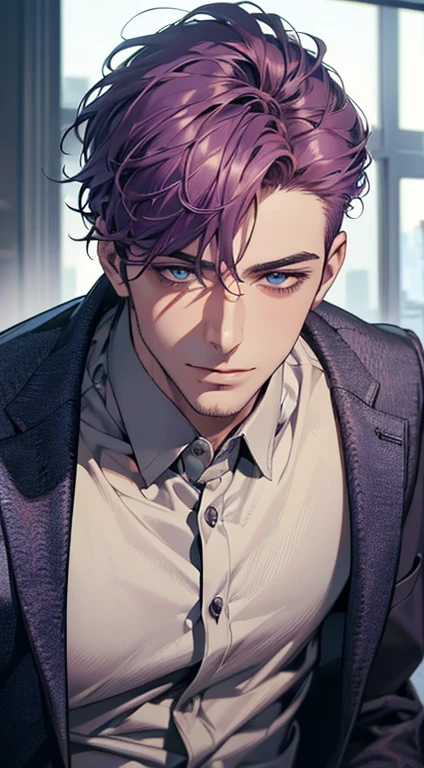 (best quality,4k,8k,highres,masterpiece:1.2),ultra-detailed,(realistic,photorealistic,photo-realistic:1.37),1 man,31 years old,mature man,very handsome,without expression,smile,short purple hair,blue eyes,penetrating gaze,perfect face without errors,imposing posture,businessman,office background,cinematic lighting,hdr image