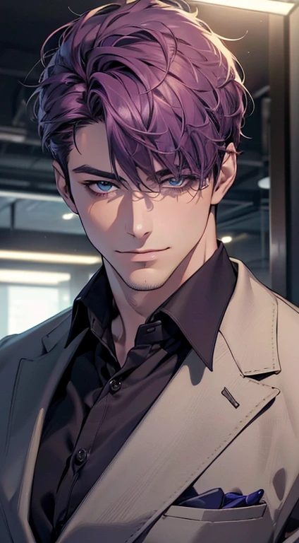 (best quality,4k,8k,highres,masterpiece:1.2),ultra-detailed,(realistic,photorealistic,photo-realistic:1.37),1 man,31 years old,mature man,very handsome,without expression,smile,short purple hair,blue eyes,penetrating gaze,perfect face without errors,imposing posture,businessman,office background,cinematic lighting,hdr image