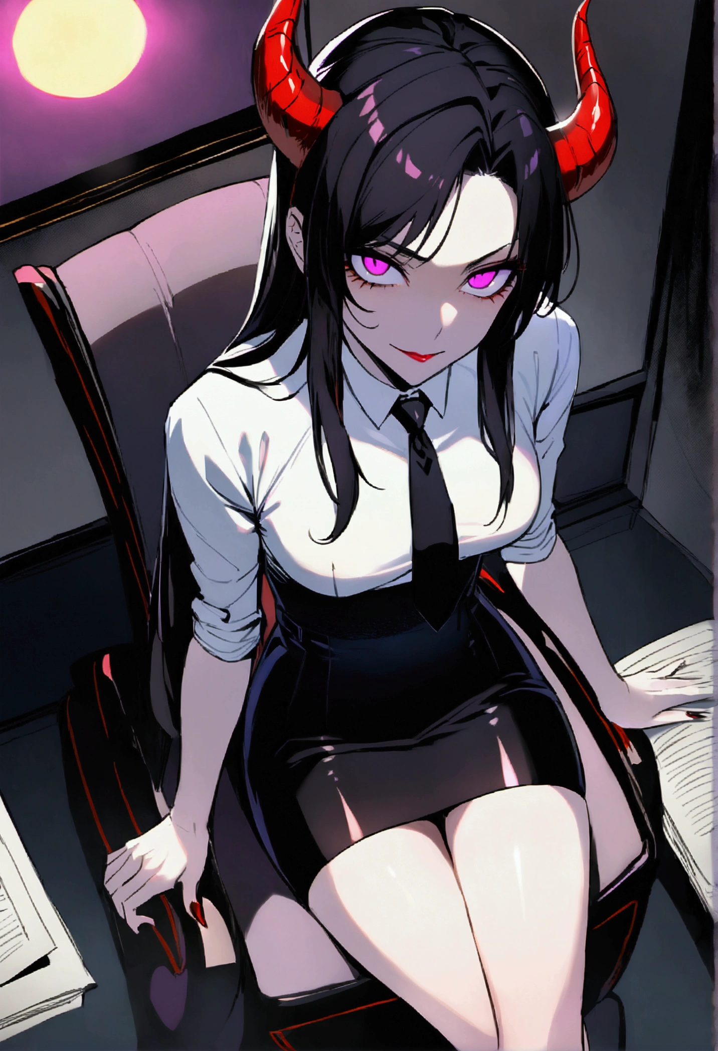 juri han, work of art, tight white secretary shirt with black tie, black high waist skirt, short skirt,stocking, black hair, black tightscary sun,office,bangs on the eyes,Lighting,horn of hair,view from above,staring overhead,evil smile,sitting,cross legs,glowing purple eyes,stocking black,evil look,mascara
