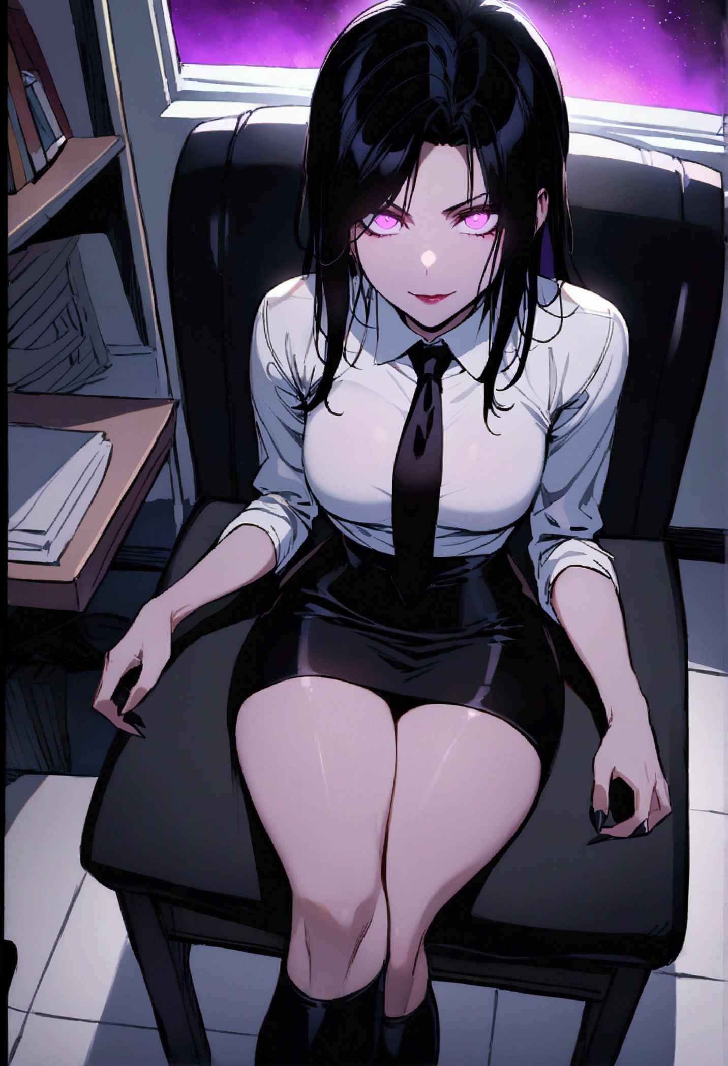 juri han, work of art, tight white secretary shirt with black tie, black high waist skirt, short skirt,stocking, black hair, black tightscary sun,office,bangs on the eyes,Lighting,horn of hair,view from above,staring overhead,evil smile,sitting,cross legs,glowing purple eyes,stocking black,evil look,mascara
