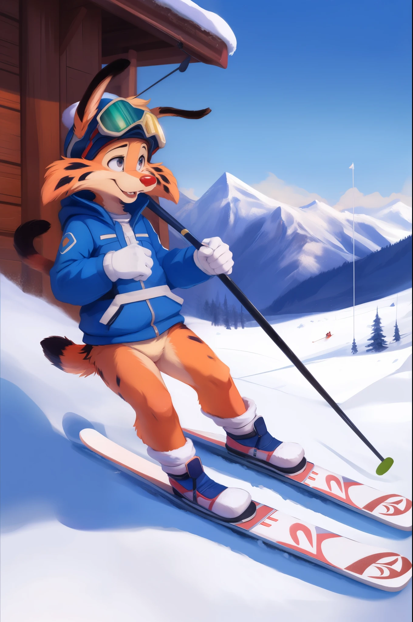 solo, skiing, slalom, snow sports, red nose, white gloves, skiing uniform, ski helmet, ski googles,  Tail, BonkersTVTonAniYif, focused look, determined, grinning, tongue out, [outdoors, snow, mountain] (beautiful, aesthetic, perfect, delicate, intricate, masterpiece,) [by dagasi|ancesra:0.6], [by foxovh|personalami:0.5], [by einshelm|tom_fischbach],