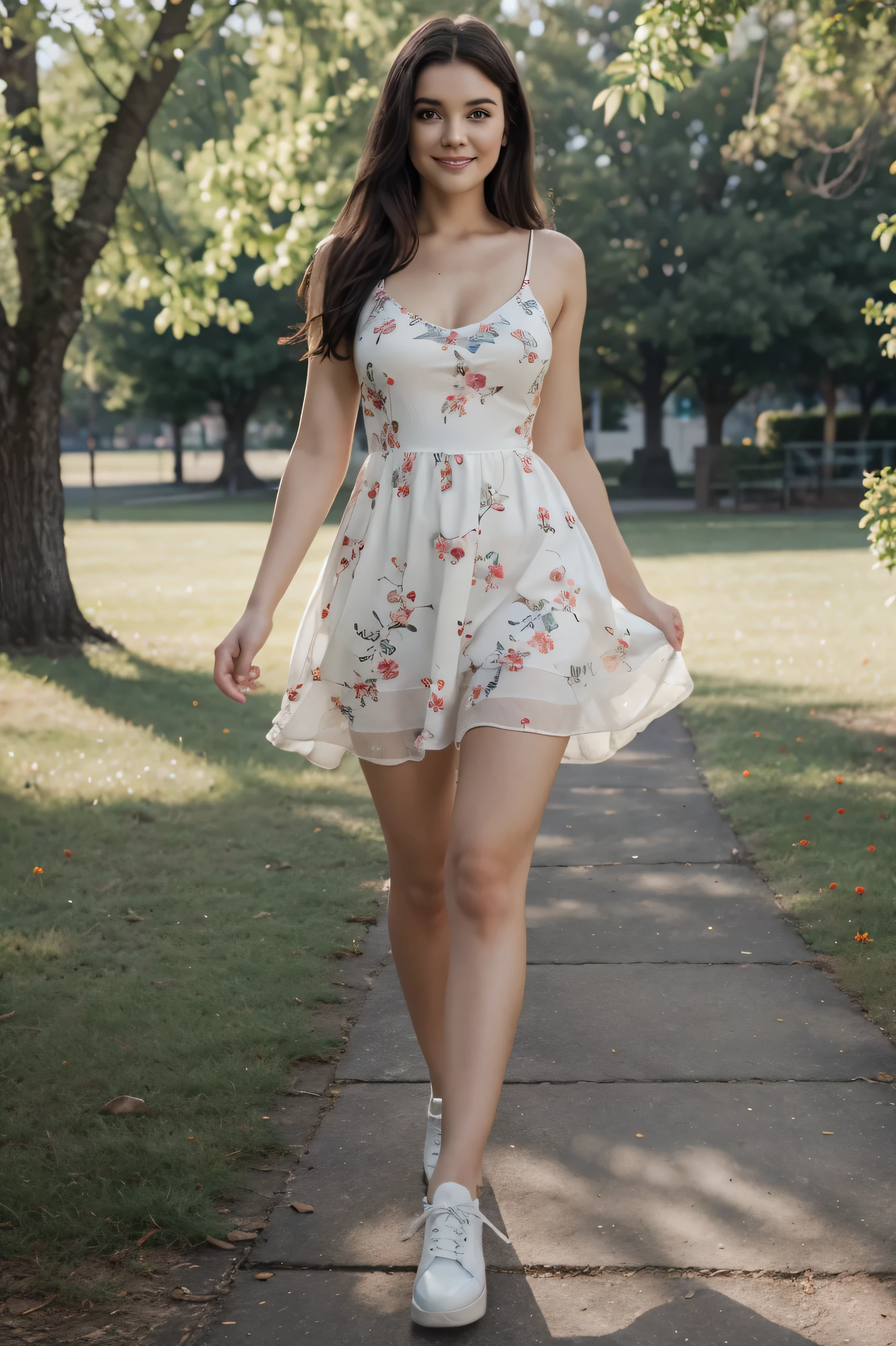 1girl, Solo, One woman of about 25 years old, black long hair, Hazel eyes, happy face, flower pattern dress without sleeves, white shoes, standing outside, park photography, Depicting the details of the beautiful sea mature woman, body measurement 36-25-35, RAW Photography, 8k, , Masterpiece, Full Body Shooting, Top Quality, Fine Pore, Realistic, Photorealistic, Ultra Detailed