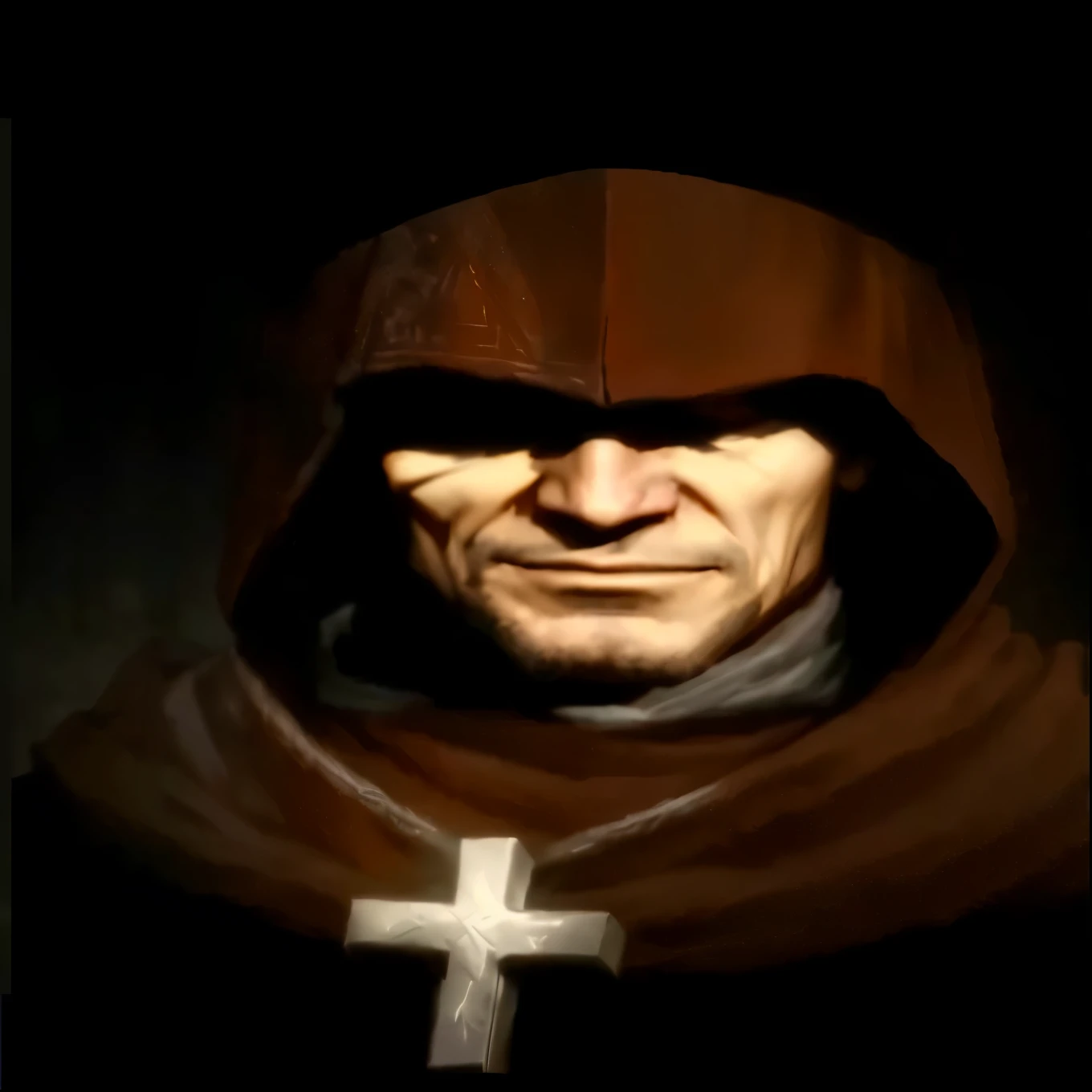 a close up of a statue of a man with a cross on his chest, joe biden as a hooded arch mage, in assassin's creed 3, the reaper as a scary, hooded cloaked sith lord, baldur's gate character portrait, video game cutscene, willem dafoe in plague knight, cursed image, red hooded mage, inspired by Lattanzio Gambara