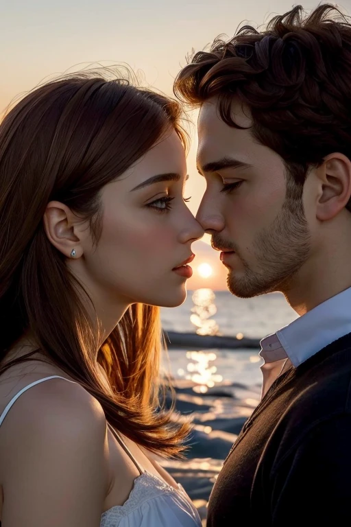 ((melhor qualidade)), ((obra de arte)), (detalhado), a face silhouette of a romantic couple with a brown haired boy and a red haired girl