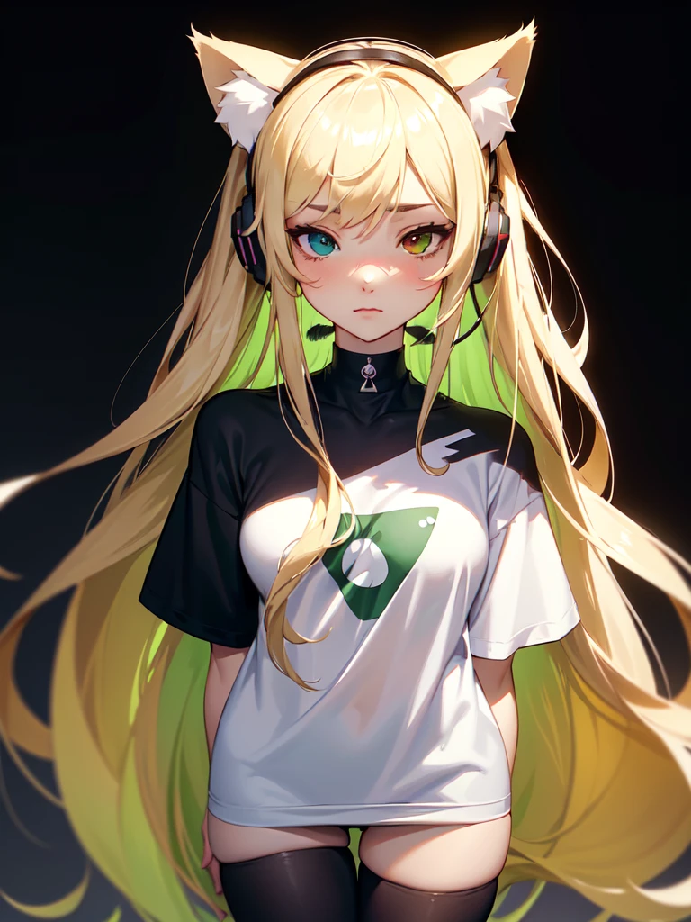 (((Portrait Photo))), She has the Appearance of an Elegant and Poised , with a Small, Slender Build who Displays a Calm Demeanor. Her Long, Flowing Blonde Hair Cascades Down Her Back in Soft Waves. Her Two-Tone Eyes are Large and Expressive, Filled with a Gentle Serenity and a Hint of Mystery. Her Expression is Calm and Reflective, with a Slightly Unfocused Look, Conveying a Sense of Inner Peace and Absolute Calm. (((High Quality, Dark Background))), (((Portrait Photo))), (((Headphones Shaped Like Cat Ears))), (((Oversized Thigh-length T-Shirt))), (((Green Ombre Hair))), (((Heterochromia)))