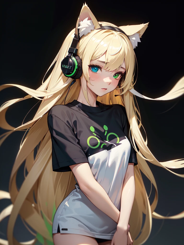 (((Portrait Photo))), She has the Appearance of an Elegant and Poised , with a Small, Slender Build who Displays a Calm Demeanor. Her Long, Flowing Blonde Hair Cascades Down Her Back in Soft Waves. Her Two-Tone Eyes are Large and Expressive, Filled with a Gentle Serenity and a Hint of Mystery. Her Expression is Calm and Reflective, with a Slightly Unfocused Look, Conveying a Sense of Inner Peace and Absolute Calm. (((High Quality, Dark Background))), (((Portrait Photo))), (((Headphones Shaped Like Cat Ears))), (((Oversized Thigh-length T-Shirt))), (((Green Ombre Hair))), (((Heterochromia)))