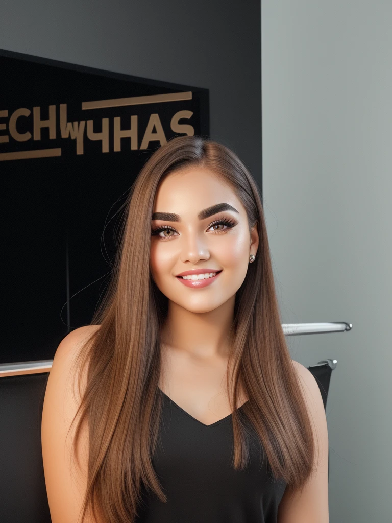 4K portrait of an attractive girl with perfect facial features, perfect thick eyebrows and eyelashes in a black interior, beautiful eyes, perfect lips, gorgeous hair, attractive appearance, confident look, fashionable smile, white teeth, studio light