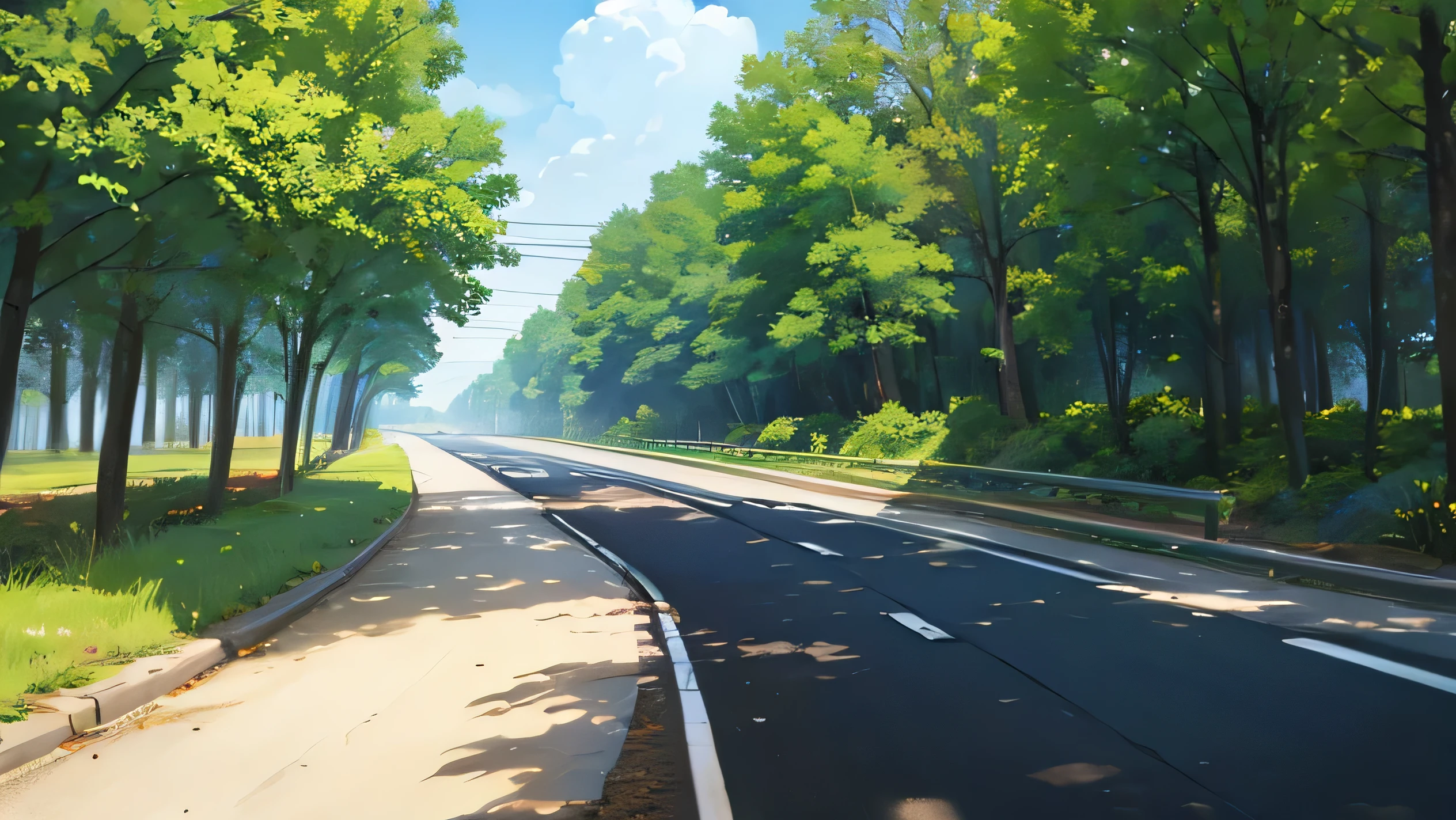 Make me a 3 lane highway, next to a forest, where several vehicles circulate on the roads