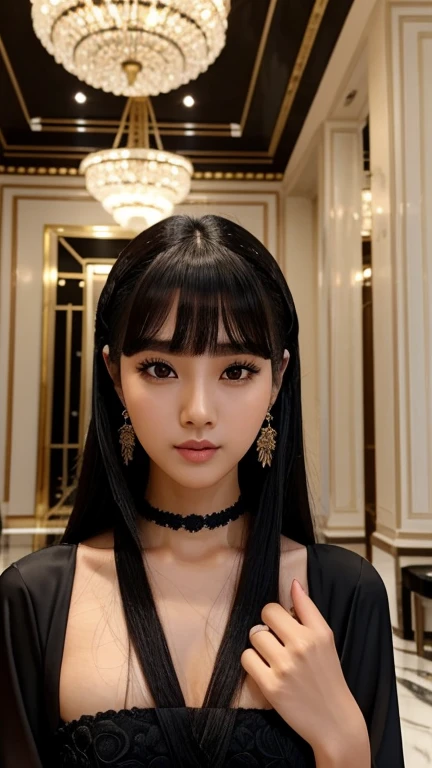 ,uma de uma mulher ela tem cabelo preto Com franja, Hime corte de cabelo preto, Ulzzang, coreano, com cabelo curto Com franja, com cabelo curto, dilraba dilmurat, garota gótica coreano cruel, penteado com corte hime branco, cabelo penteado como franja, Com franja, coreano symmetrical face,,,,,,,,,,,,,,,, - ,,,,,,,,,,,,,,,,,,,,,,,,,,,,,,,,,,,,,,,,,,,,,,,,,,,,,,dressed in a sleek cocktail dressrealistic image posing in the grand lobby of a five-star hotel, with marble floors, grand staircase, and exquisite floral arrangements."