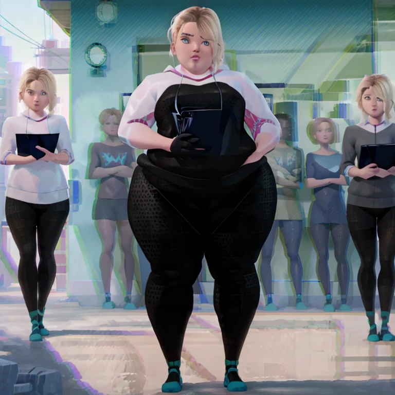 realistic, realism, photorealism, photo-realistic, high contrast, (photorealistic:1.4), (perfect fat female figure, full body plus, muscular body plus, six pack, strong body plus), 8k high definition detailed realistic, (best quality, masterpiece:1.2), photon mapping, radiosity, physically-based rendering, best quality, highly detailed, 1 fat girl, sgwen, outdoors, hoodie, ((on the streets of a modern city, modern buildings in the background, clear sky in the background))
