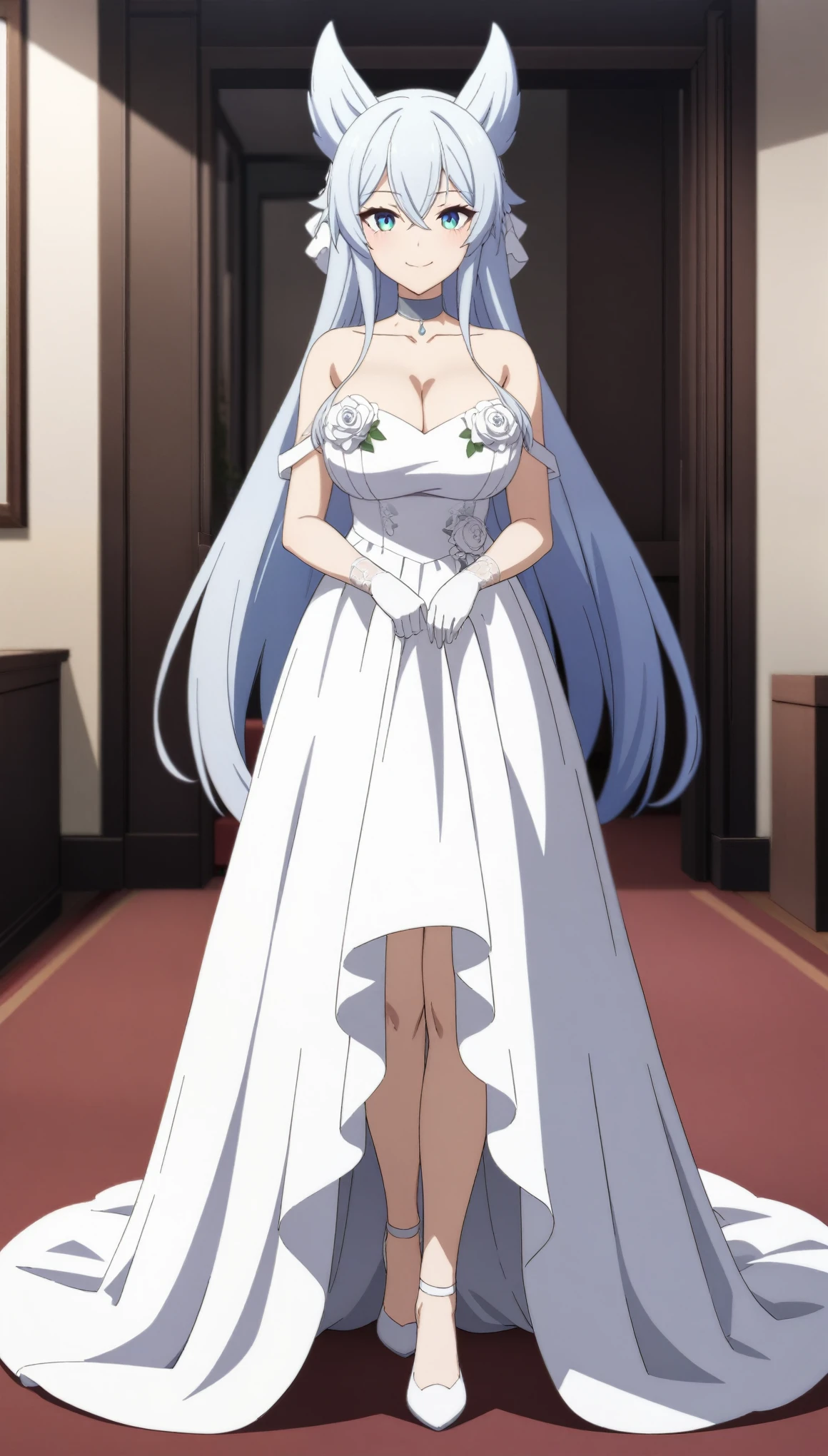 (masterpiece, best quality, very aesthetic, ultra detailed), intricate details, 1girl, fenrys, wolf girl, longhair, large breasts, choker, collarbone, wedding dress, cleavage, bare shoulders, indoors, smile, looking at viewer, full body