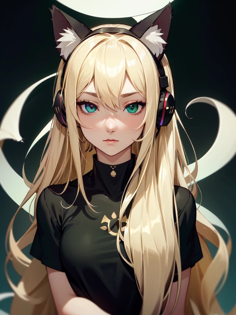 (((Portrait Photo))), She has the Appearance of an Elegant and Poised , with a Small, Slender Build who Displays a Calm Demeanor. Her Long, Flowing Blonde Hair Cascades Down Her Back in Soft Waves. Her Two-Tone Eyes are Large and Expressive, Filled with a Gentle Serenity and a Hint of Mystery. Her Expression is Calm and Reflective, with a Slightly Unfocused Look, Conveying a Sense of Inner Peace and Absolute Calm. (((High Quality, Dark Background))), (((Portrait Photo))), (((Headphones Shaped Like Cat Ears))), (((Oversized Baggy Thigh-length T-Shirt))), (((Green Ombre Hair))), (((Heterochromia)))