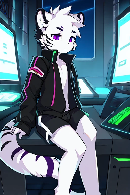 White fur tiger, little, with white tail, black jacket, address shirt, shorts negros, purple eyes, hacker
