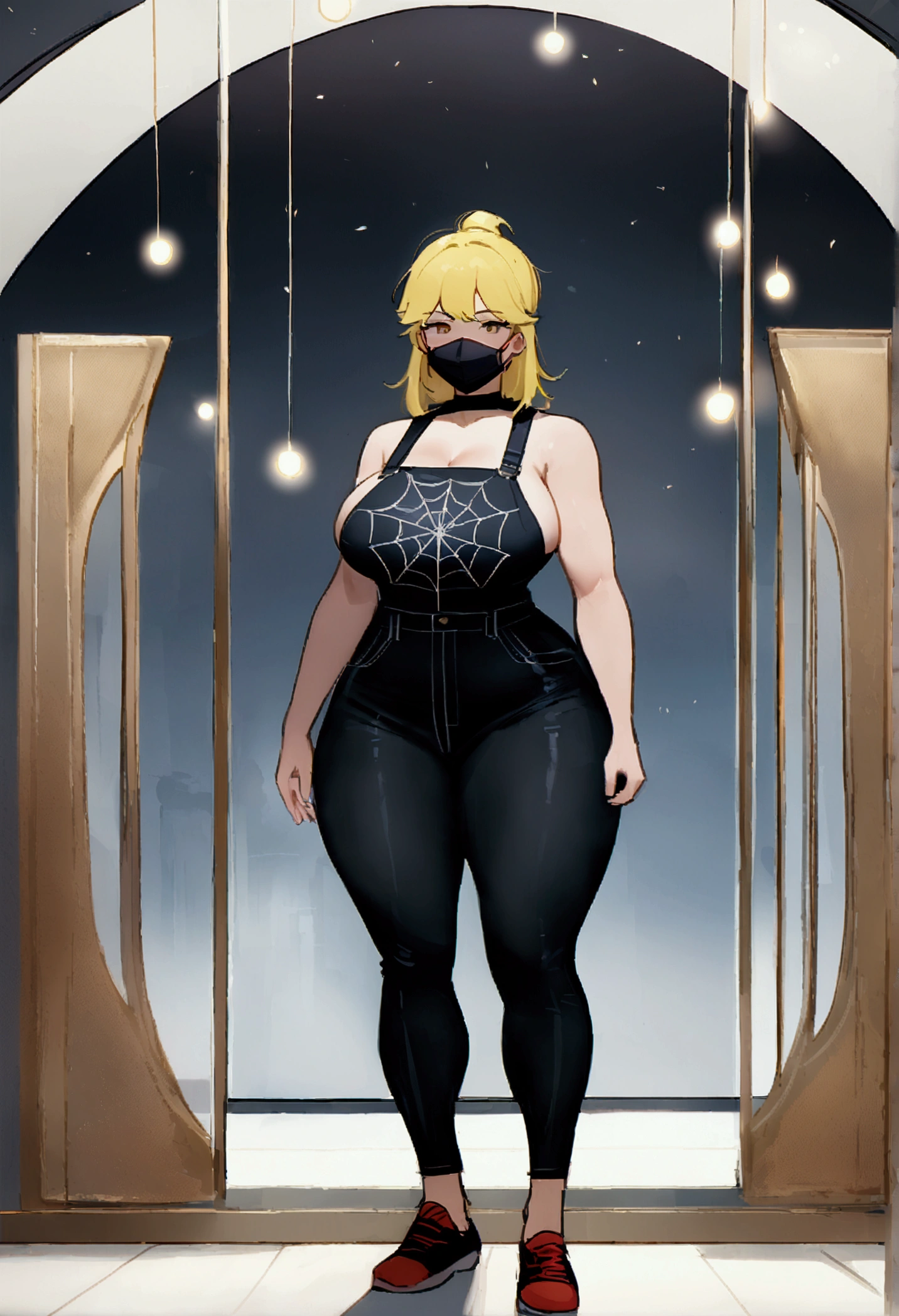 (work of art, best qualityer:1.2), standing alone, 1 , Cindy Lua, view the viewer, mouth mask, shorth hair, huge tit, plump crotch, Long-legged dirt, fitness model, overalls, spider web print, The lights are dim, And cela