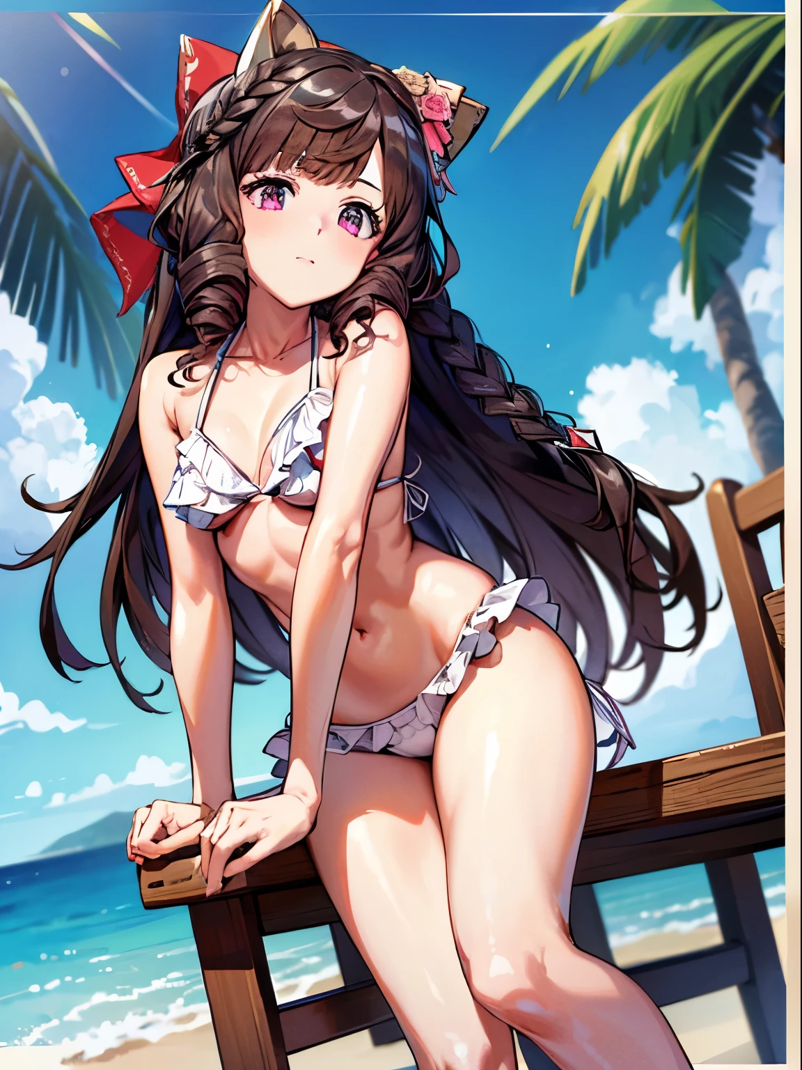 1 girl, Solo, Cute Girl,Best Quality, Ultra-detailed, 8K, High resolution, detailed face, madeon, (((white bikini))), frilled bikini, sitting on the beach,