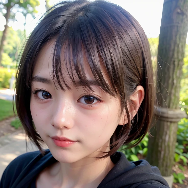 Super realistic, hdr, 4k, detailed, Japanese girl, glow skin, tiny smile face, Mole in Cheek, mole in Eyebrow, forest, black Hoodie, detailed face, pose to the camera