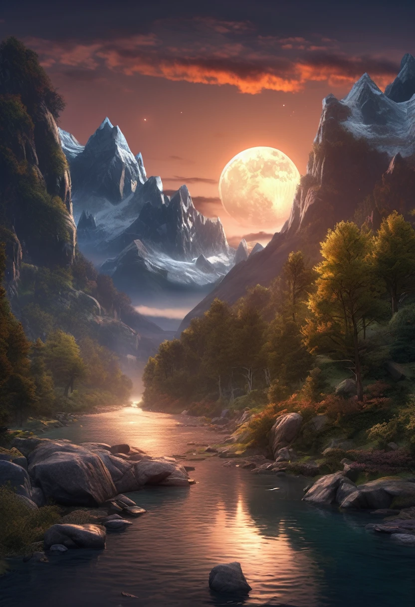 mountains with a river in the foreground and a full moon in the sky, 4k highly detailed digital art, 8k stunning artwork, 4k detailed digital art, beautiful art uhd 4 k, epic dreamlike fantasy landscape, impressive fantasy landscape, 8k high quality detailed art, digital art 8k, digital art 8 k, mystical fantasy landscape, amazing mobile wallpaper