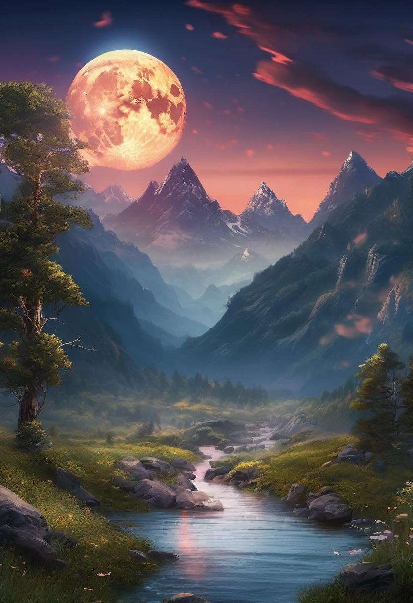 mountains with a river in the foreground and a full moon in the sky, 4k highly detailed digital art, 8k stunning artwork, 4k detailed digital art, beautiful art uhd 4 k, epic dreamlike fantasy landscape, impressive fantasy landscape, 8k high quality detailed art, digital art 8k, digital art 8 k, mystical fantasy landscape, amazing mobile wallpaper