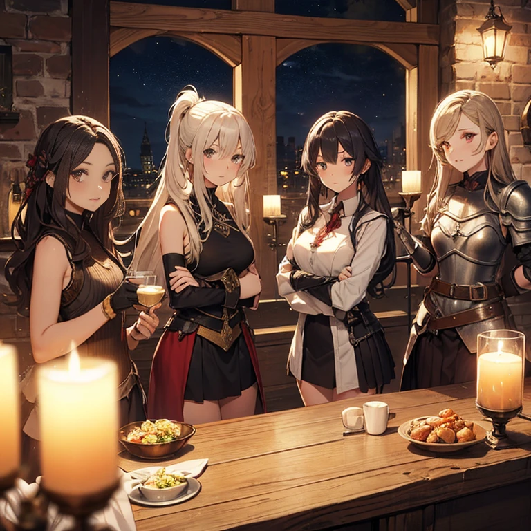 A group of female medieval fantasy adventurers, (in tavern), various hair styles, harem, night, details face, short skirt, seducing, sleeveless, armor