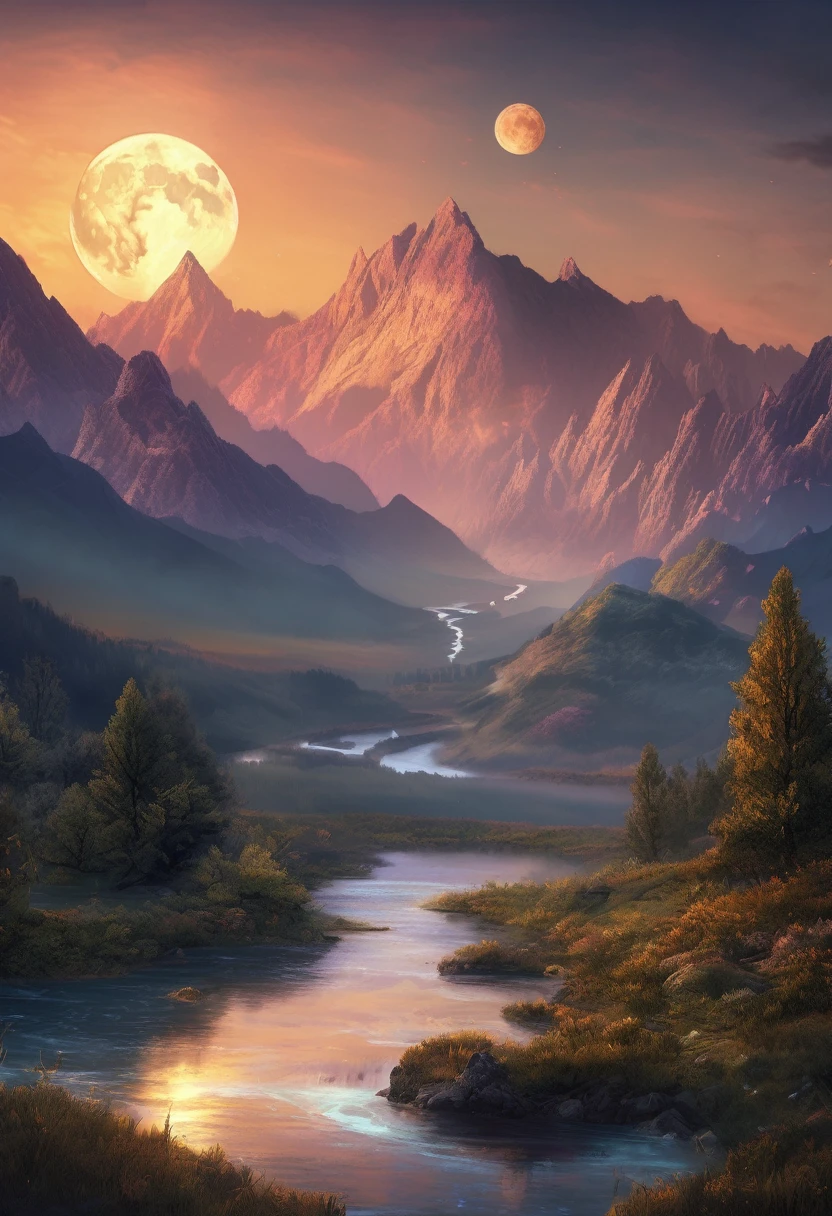 mountains with a river in the foreground and a full moon in the sky, 4k highly detailed digital art, 8k stunning artwork, 4k detailed digital art, beautiful art uhd 4 k, epic dreamlike fantasy landscape, impressive fantasy landscape, 8k high quality detailed art, digital art 8k, digital art 8 k, mystical fantasy landscape, amazing mobile wallpaper