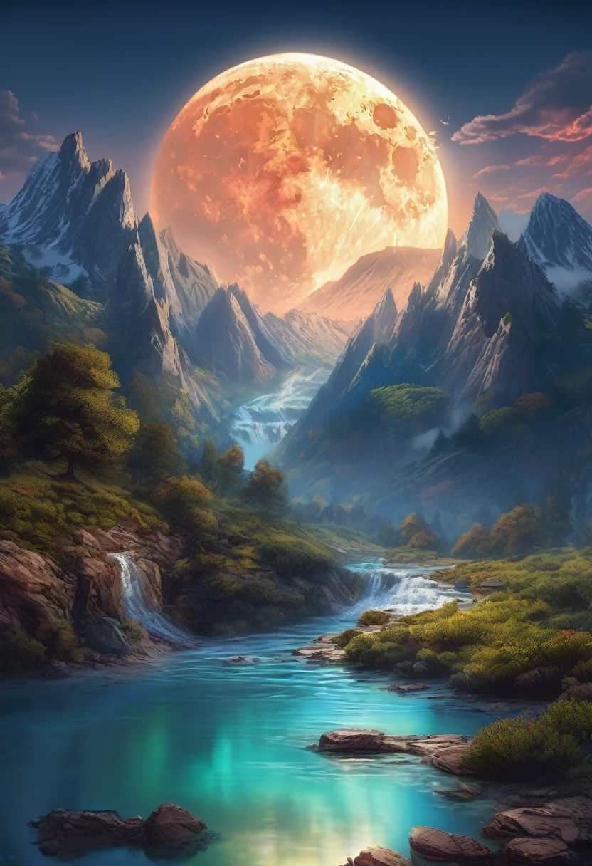 mountains with a river in the foreground and a full moon in the sky, 4k highly detailed digital art, 8k stunning artwork, 4k detailed digital art, beautiful art uhd 4 k, epic dreamlike fantasy landscape, impressive fantasy landscape, 8k high quality detailed art, digital art 8k, digital art 8 k, mystical fantasy landscape, amazing mobile wallpaper