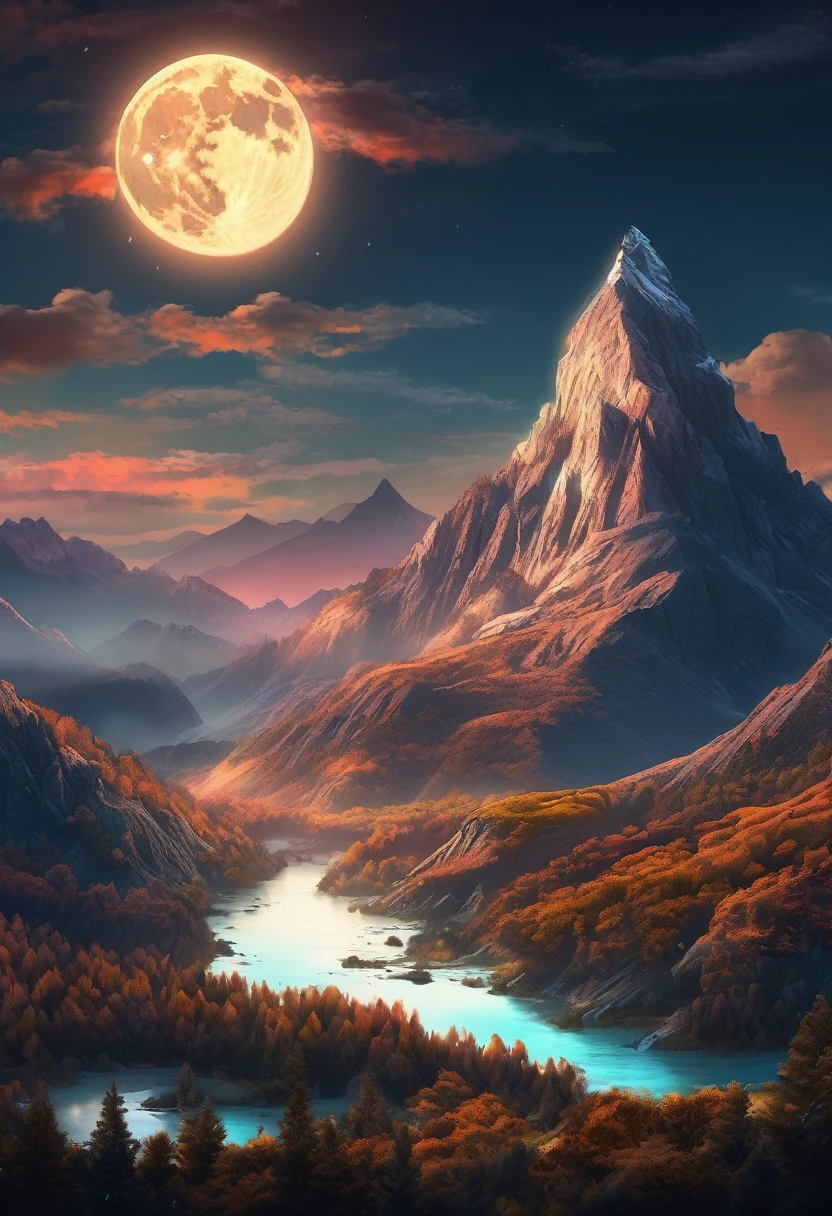 mountains with a river in the foreground and a full moon in the sky, 4k highly detailed digital art, 8k stunning artwork, 4k detailed digital art, beautiful art uhd 4 k, epic dreamlike fantasy landscape, impressive fantasy landscape, 8k high quality detailed art, digital art 8k, digital art 8 k, mystical fantasy landscape, amazing mobile wallpaper