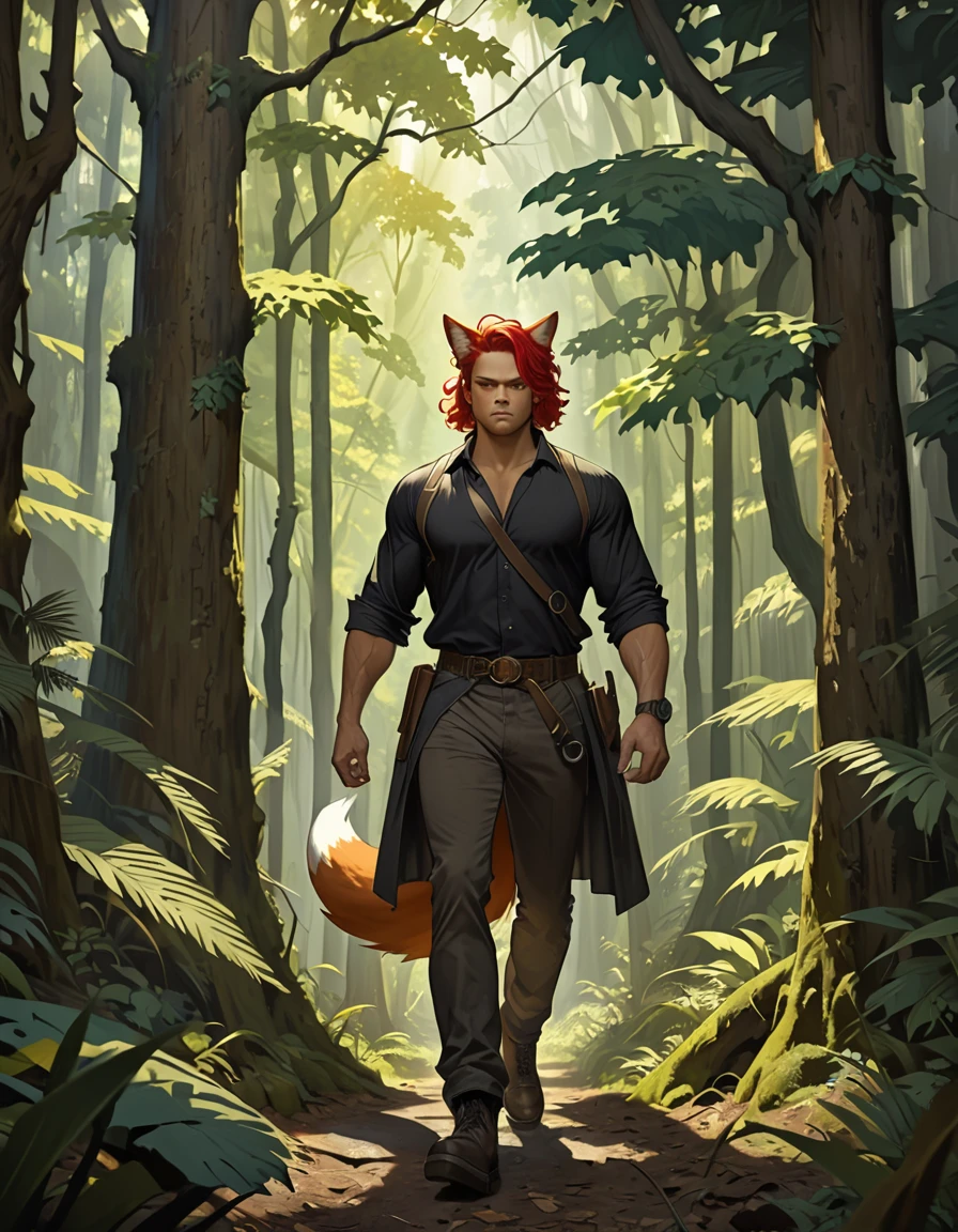 A guy with fox ears and tail, golden eyes, red hair, grunge clothing, walking through a dense forest. Done in the iconic style of Aaron Douglas, this guy radiates strength and grace, (realistic:1.4)
