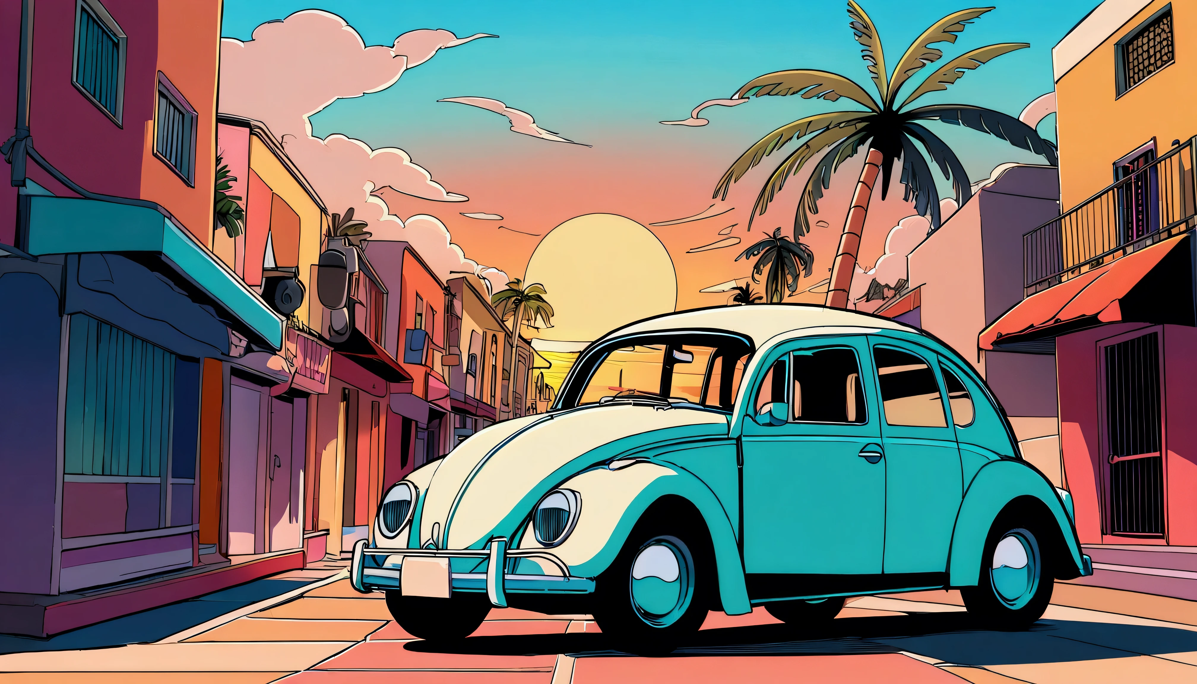 ((TShirt Design)), Volkswagen Type 1 beetle, Sunset background, Palm tree, Layers with 5 colors, Corner Street, Belek's Drums, Plethean,