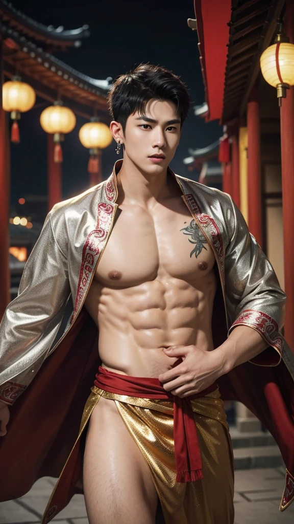 1 Handsome chinese guy fucking, having sex, full naked , 20 years old,hug, cuddle, touching lips, skin ship, romantic,  Asian, chinese hansome actor, kpop idol, handsome male model,manly, master work, best picture quality, higher quality, high detail, super high resolution, 8k resolution, perfect eyes, perfect skin, manly jawline, manly chin, perfect hands, big  chest muscles,  bare chest, tattoos chest, tattoo hands, tattoo arms,earings, ancient pendents,  braceles, glowing eyes, short hair, hair details, detailed background , open Hanfu transparent tulle jacket, ((red and golden clothes with silver decoration)), super sexy loincloth, naked, long big erection dick, detailed perfect dick shape, masturbate, Chinese garden background, Chinese kung fu, dragon-themed costumes, monk robes, spinning floating particles, chinese temple in background, looking at viewer