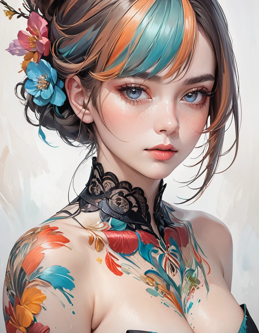 A highly realistic digital painting of a woman's portrait with visible brush strokes, showing intricate details in the skin texture and hair. The painting style should be reminiscent of traditional oil paintings, with a modern twist, featuring soft, blended colors and clear, artistic brush strokes.
