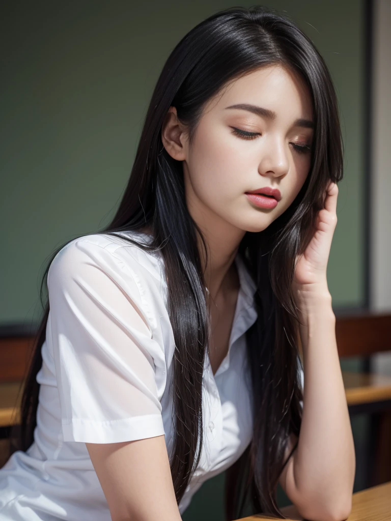 side pose:1.2, thai university uniform:1.4,Close ~ eyes:1.2,Open your mouth:1.2,Tired face:1.2,Face of Suffering:1.2,sky face:1.2,sleeping face:1.2, masterpiece、beautiful girl、fine 目、puffy eyes、highest quality, High resolution, (reality: 1.4), Cinema Lighting,so beautiful、Beautiful Skin、(super reality)、(High resolution)、(8k)、(Very detailed)、(beautiful and fine 目)、(Very detailed)、 Detailed face、black straight long hair、20-year-old、white short-sleeve button up shirt:1.2, black tight mini skirt:1.2, metal shirt buttons:1.4, in the dark classroom:1.1, looking up face:1.2, dark tone:1.1, medium close up:1.1, hair on the face:1.2