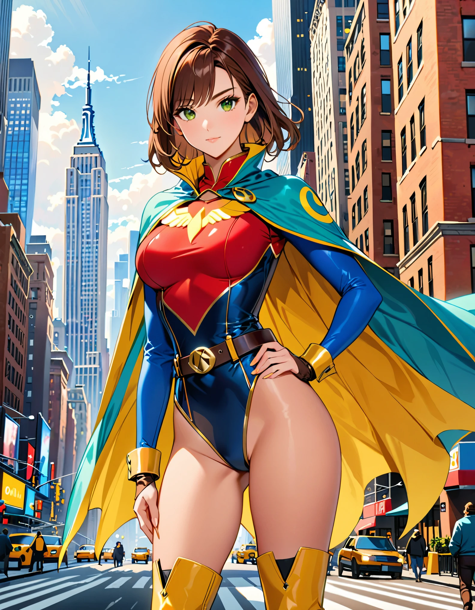 (masterpiece), (best quality), (high res), 1lady, tall body, beautiful detailed eyes, beautiful detailed face, perfect hands, complete fingers, perfect anatomy, perfect proportions, ((brown hair, medium hair)), ((green eyes)), ((leotard, red leotard, matching leotard, bare legs)), ((boots, matching boots, knee-high boots, yellow boots)), breasts, medium breasts, (full body portrait), looking at viewer, solo, solo focus, standing, one hand on hip, cowboy shot, new york backdrop, (fastened tight belt), (blue sleeves, yellow cuffs), (yellow hawk (symbol) on chest), (medium cape, light blue cape), full body costume design.