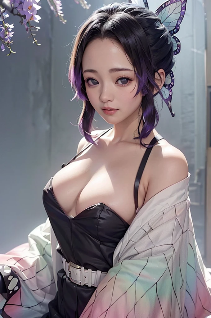 Realistic, Super detailed, High resolution, highest quality, Super detailedな,1 Female , Official Art, unity 8k wallpaper, Super detailed, beautiful and aesthetic, beautiful, masterpiece,( Super busty breasts:1.8,Small waist)、Glowing Skin,masterpiece, wonderful, (CG illustration),Asian, Ultra-realistic textured face and skin、Accurate anatomy、samurai、Colorful armor、Radiation Hair, bangs,Short Bob、((samurai))、sword,Facial details、Dynamic Pose、Dynamic Action、Dynamic Angle、Detailed Background、Wisteria flower、In combat、duel、Degrees of Freedom:1.3